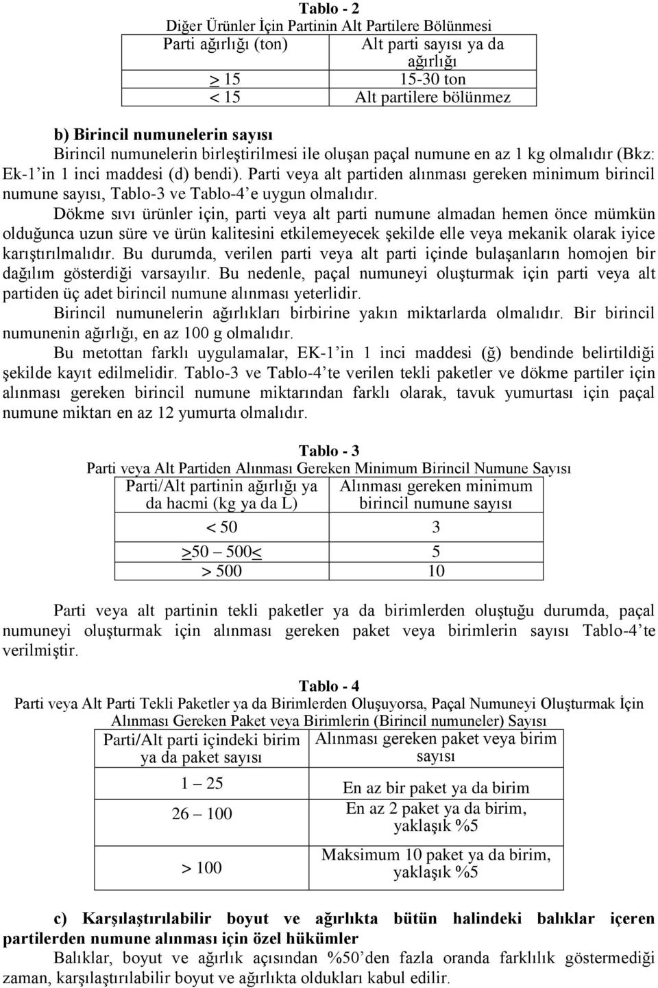 Parti veya alt partiden alınması gereken minimum birincil numune sayısı, Tablo-3 ve Tablo-4 e uygun olmalıdır.