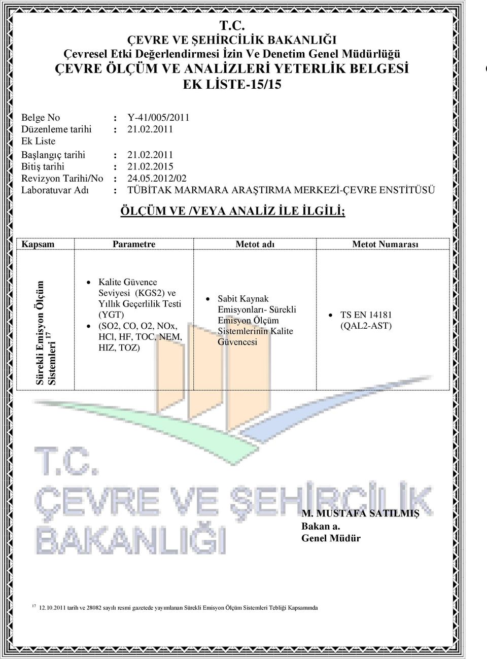 Seviyesi (KGS2) ve Yıllık Geçerlilik Testi (YGT) (SO2, CO, O2, NOx, HCl, HF, TOC, NEM, HIZ, TOZ) Sabit Kaynak Emisyonları-