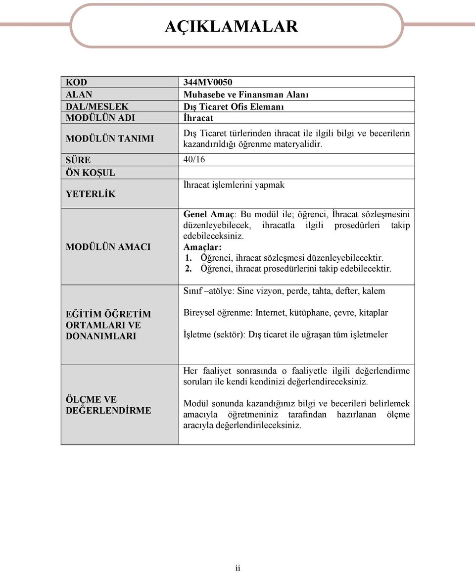 MODÜLÜN AMACI Genel Amaç: Bu modül ile; öğrenci, İhracat sözleşmesini düzenleyebilecek, ihracatla ilgili prosedürleri takip edebileceksiniz. Amaçlar: 1.