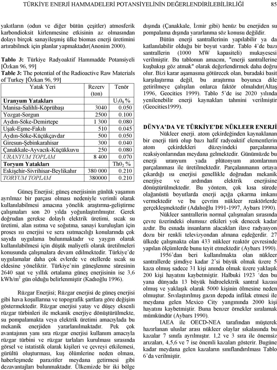 Tablo 3: Türkiye Radyoaktif Hammadde Potansiyeli [Özkan 96, 99] Table 3: The potential of the Radioactive Raw Materials of Turkey [Özkan 96, 99] Yatak Yeri Rezerv Tenör (ton) Uranyum Yatakları U 3 0