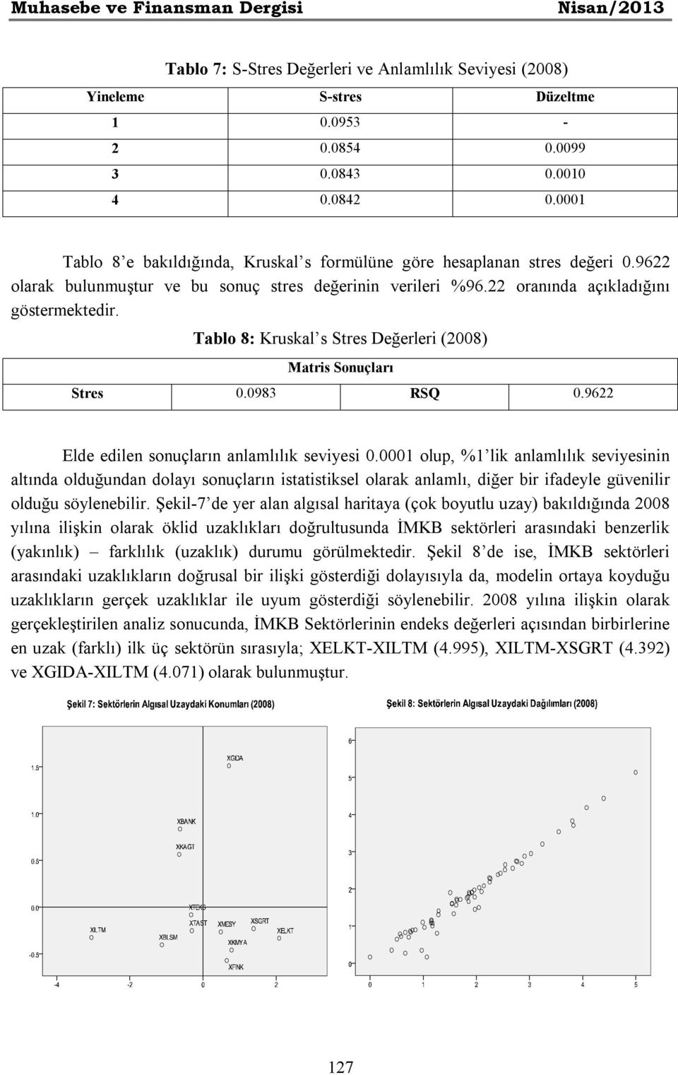 Tablo 8: Kruskal s Stres Değerleri (2008) Matris Sonuçları Stres 0.0983 RSQ 0.9622 Elde edilen sonuçların anlamlılık seviyesi 0.