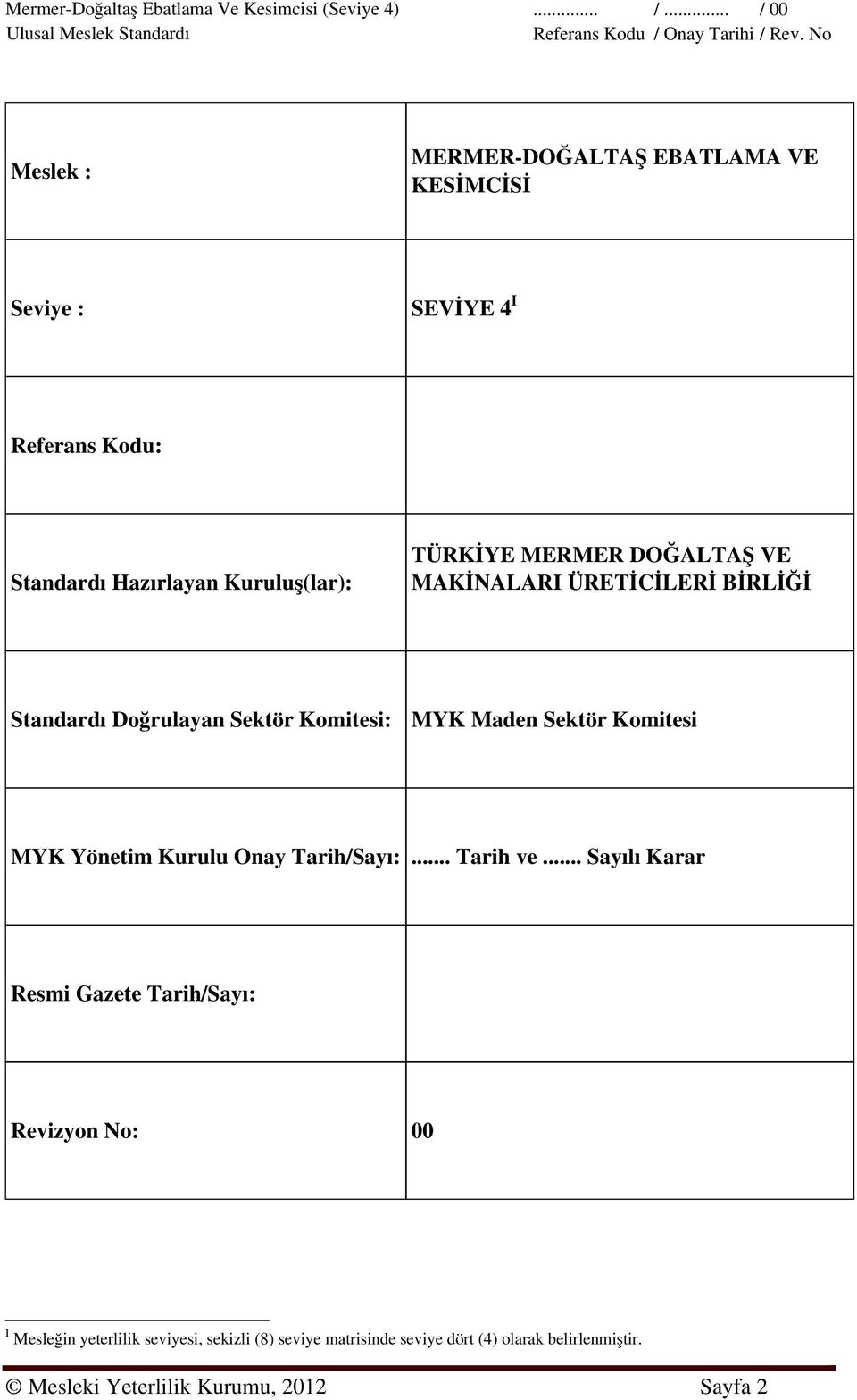 MYK Maden Sektör Komitesi MYK Yönetim Kurulu Onay Tarih/Sayı:... Tarih ve.