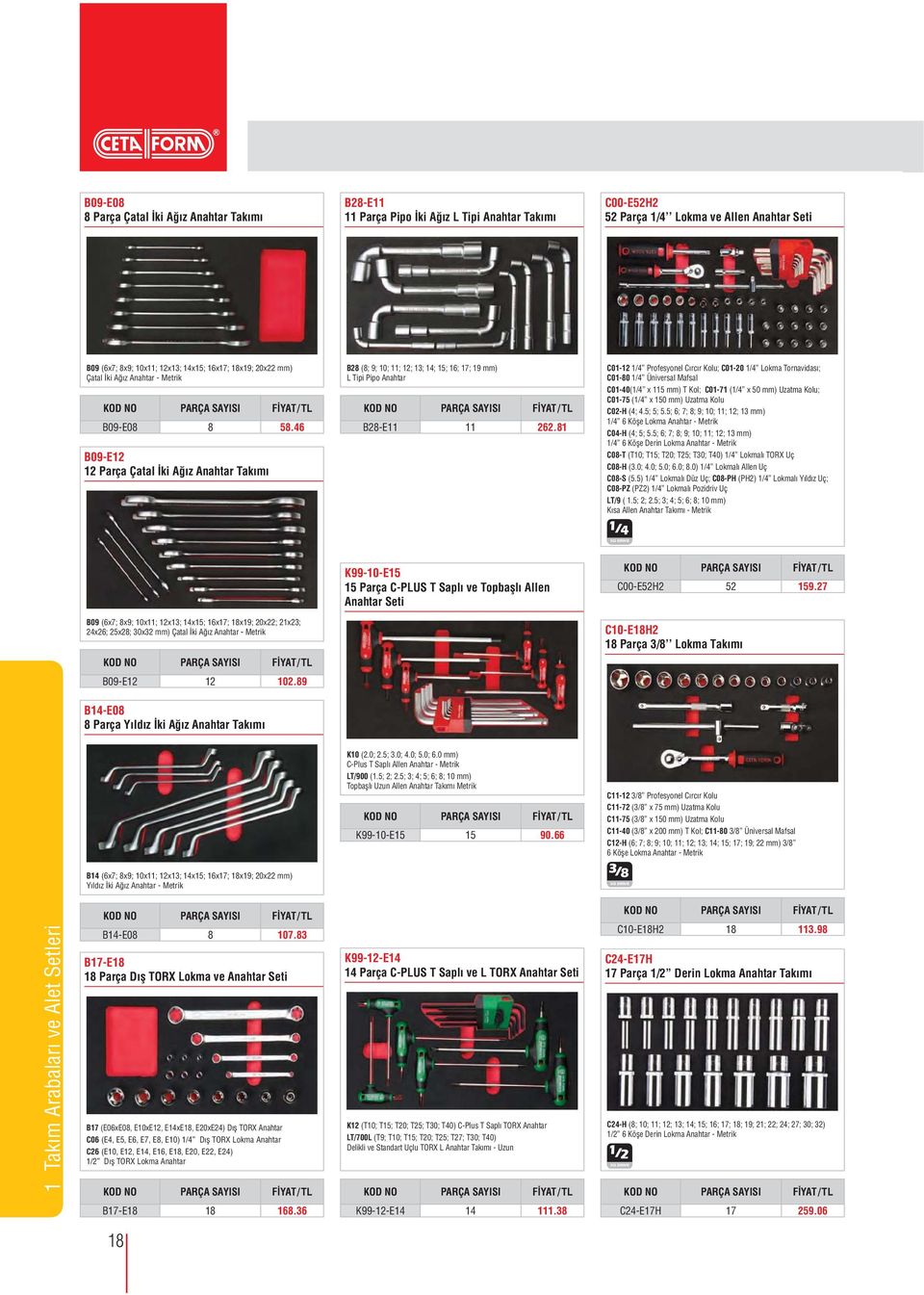 46 B09-E12 12 Parça Çatal İki Ağız Anahtar Takımı B28 (8; 9; 10; 11; 12; 13; 14; 15; 16; 17; 19 ) L Tipi Pipo Anahtar PARÇA SAYISI B28-E11 11 262.