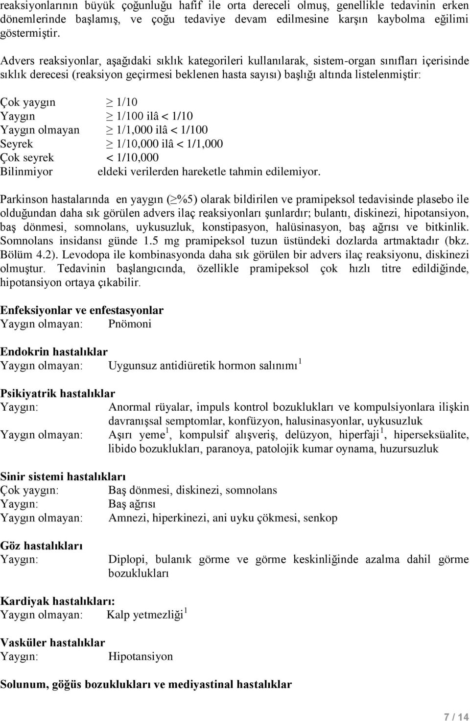 yaygın 1/10 Yaygın 1/100 ilâ < 1/10 Yaygın olmayan 1/1,000 ilâ < 1/100 Seyrek 1/10,000 ilâ < 1/1,000 Çok seyrek < 1/10,000 Bilinmiyor eldeki verilerden hareketle tahmin edilemiyor.