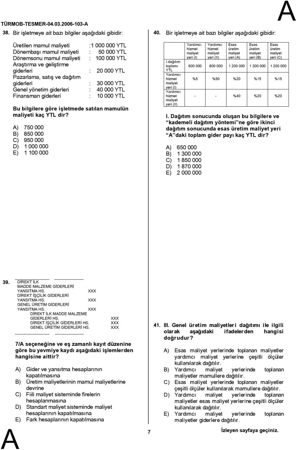 : 20 000 YTL Pazarlama, satış ve dağıtım giderleri : 30 000 YTL Genel yönetim giderleri : 40 000 YTL Finansman giderleri : 10 000 YTL Bu bilgilere göre işletmede satılan mamulün maliyeti kaç YTL dir?