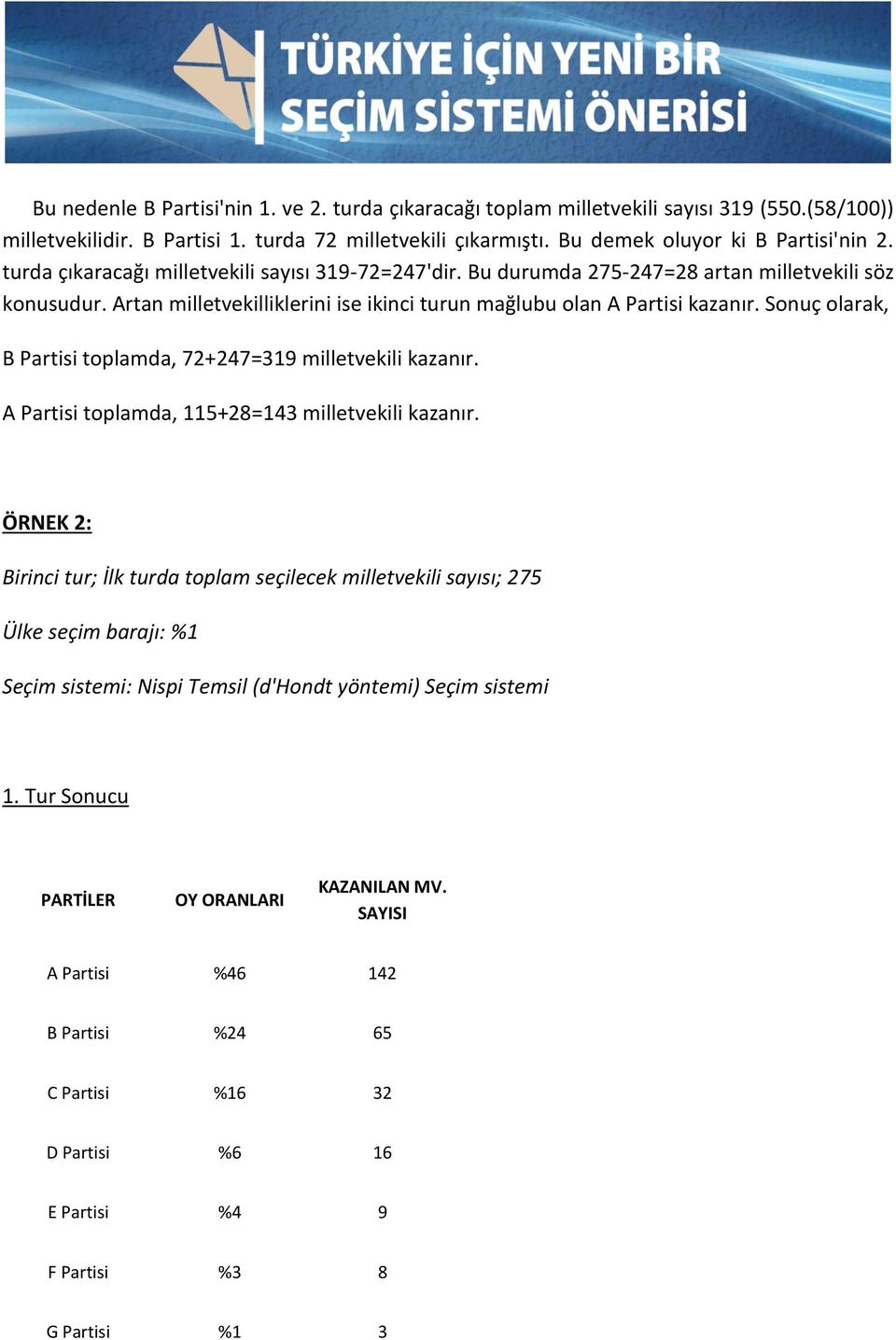 Sonuç olarak, B Partisi toplamda, 72+247=319 milletvekili kazanır. A Partisi toplamda, 115+28=143 milletvekili kazanır.