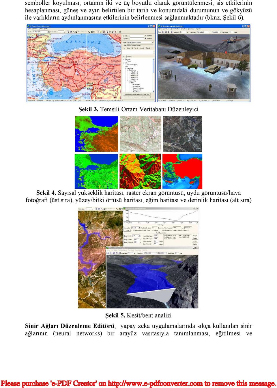 Sayısal yükseklik haritası, raster ekran görüntüsü, uydu görüntüsü/hava fotoğrafı (üst sıra), yüzey/bitki örtüsü haritası, eğim haritası ve derinlik haritası (alt