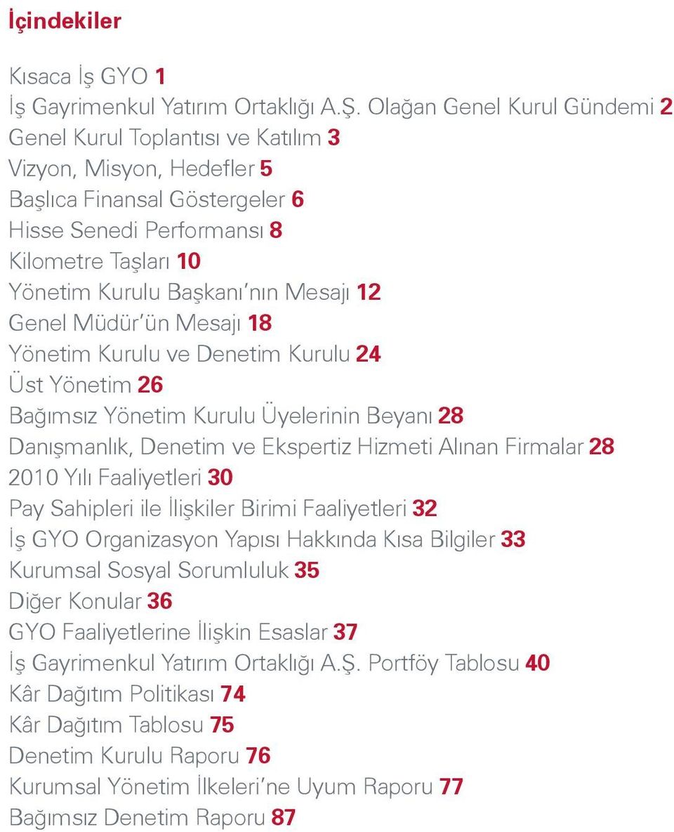 Mesajı 12 Genel Müdür ün Mesajı 18 Yönetim Kurulu ve Denetim Kurulu 24 Üst Yönetim 26 Bağımsız Yönetim Kurulu Üyelerinin Beyanı 28 Danışmanlık, Denetim ve Ekspertiz Hizmeti Alınan Firmalar 28 2010