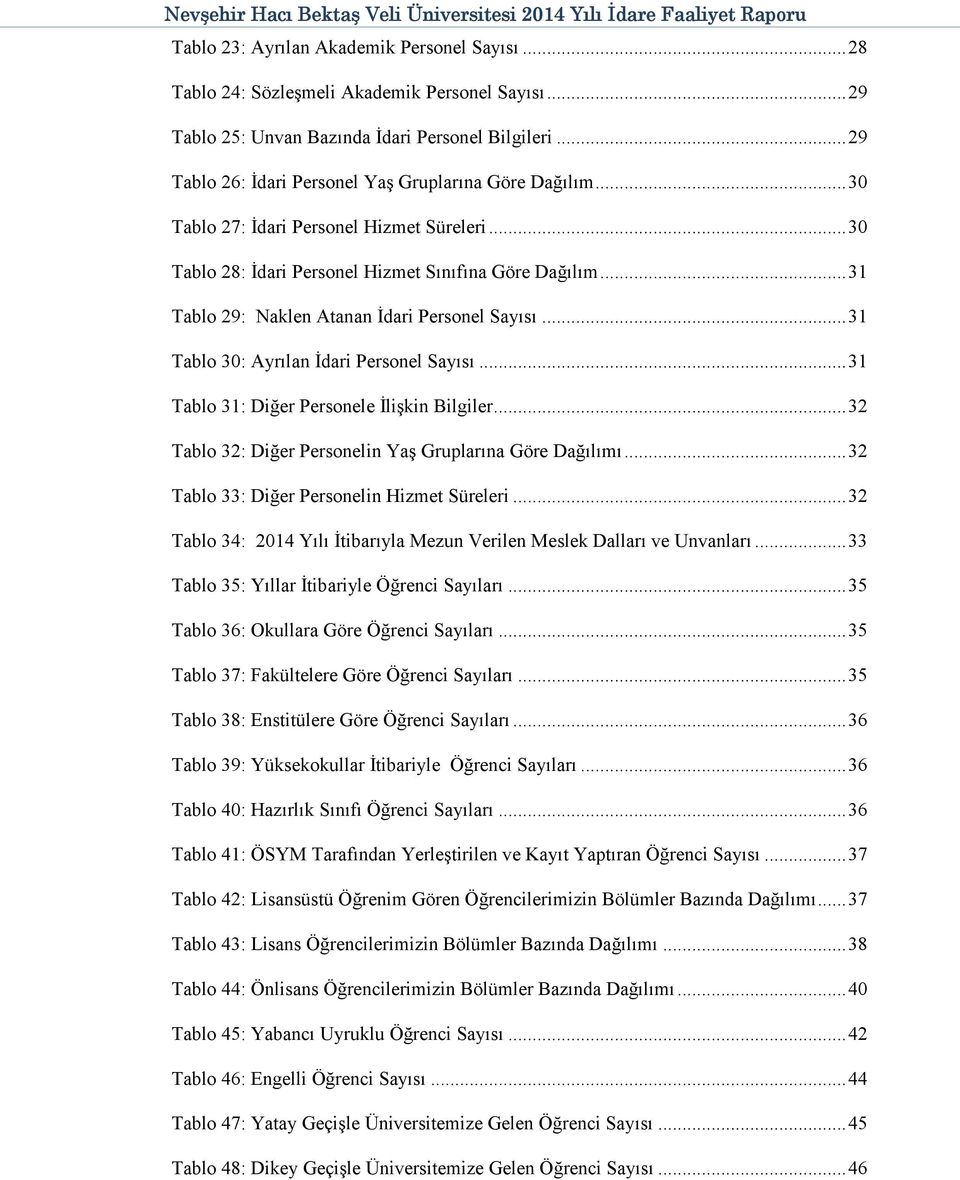 .. Tablo 8: İdari Personel Hizmet Sınıfına Göre Dağılım... Tablo 9: Naklen Atanan İdari Personel Sayısı... Tablo : Ayrılan İdari Personel Sayısı... Tablo : Diğer Personele İlişkin Bilgiler.