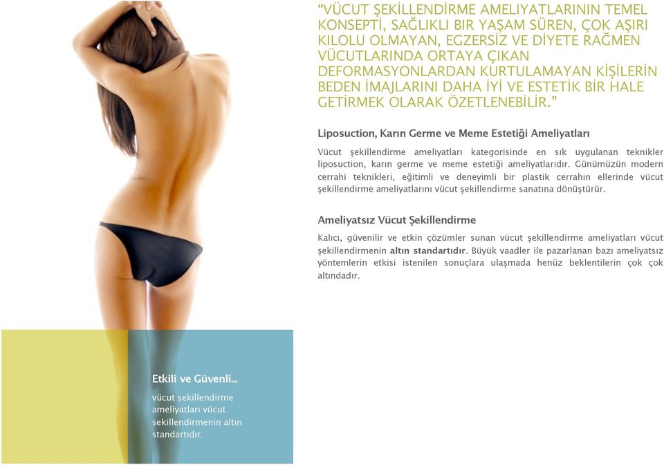 Liposuction, Karın Germe ve Meme Estetiği Ameliyatları Vücut şekillendirme ameliyatları kategorisinde en sık uygulanan teknikler liposuction, karın germe ve meme estetiği ameliyatlarıdır.