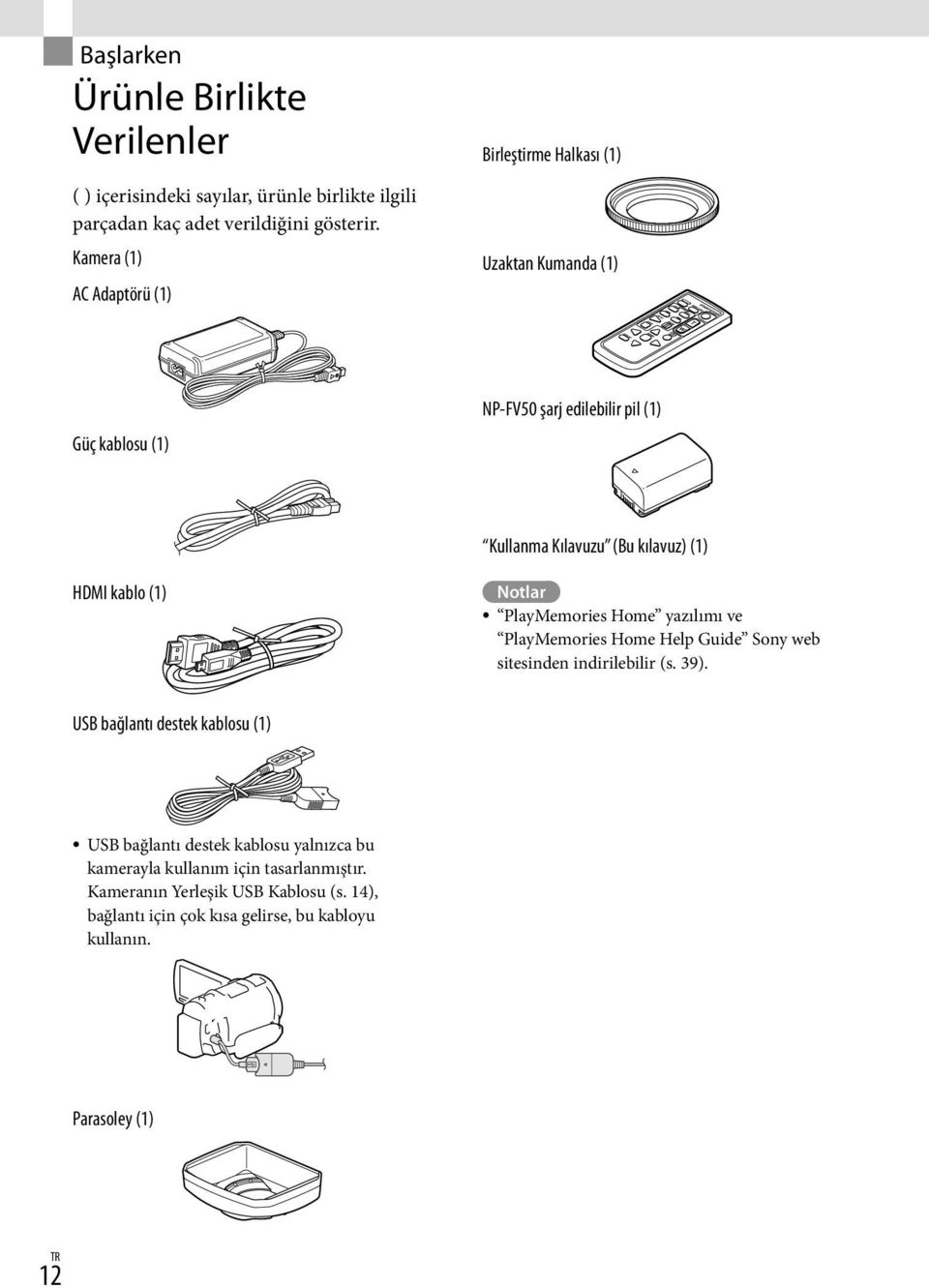 HDMI kablo (1) Notlar PlayMemories Home yazılımı ve PlayMemories Home Help Guide Sony web sitesinden indirilebilir (s. 39).