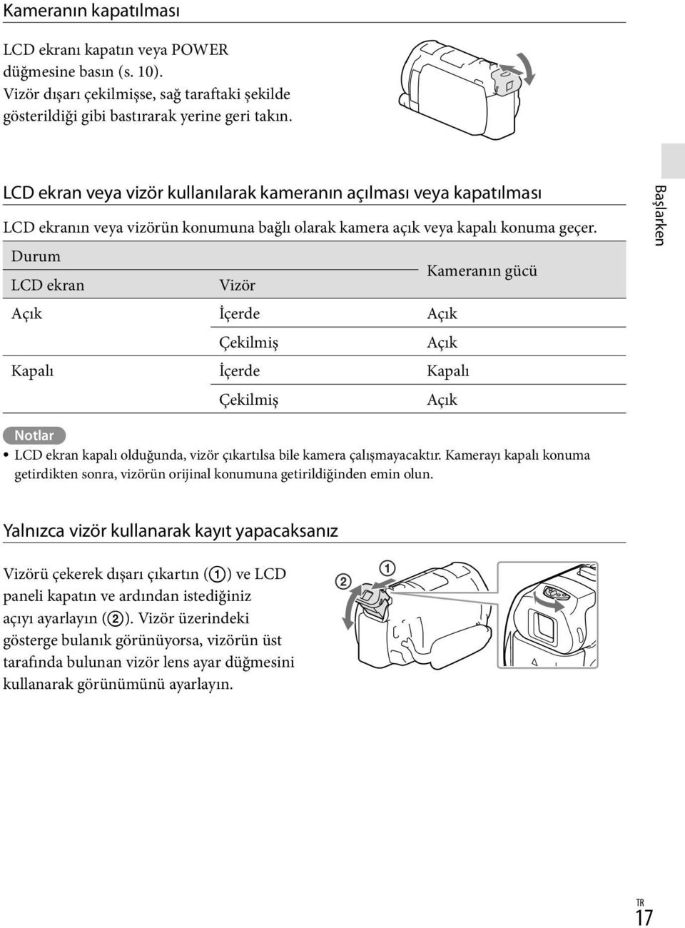 Durum Kameranın gücü LCD ekran Vizör Açık İçerde Açık Çekilmiş Açık Kapalı İçerde Kapalı Çekilmiş Açık Başlarken Notlar LCD ekran kapalı olduğunda, vizör çıkartılsa bile kamera çalışmayacaktır.