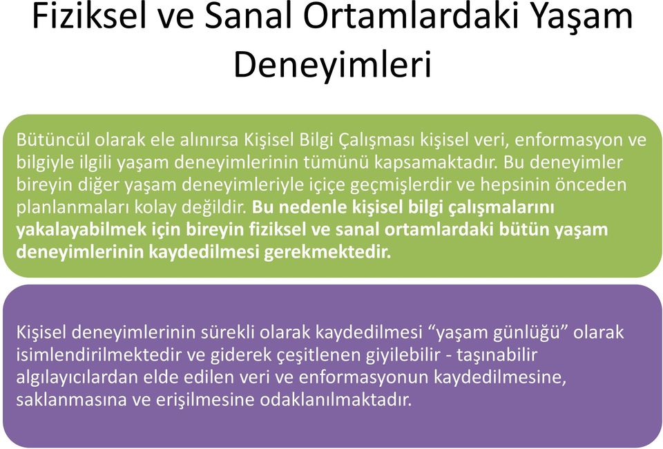 Bu nedenle kişisel bilgi çalışmalarını yakalayabilmek için bireyin fiziksel ve sanal ortamlardaki bütün yaşam deneyimlerinin kaydedilmesi gerekmektedir.