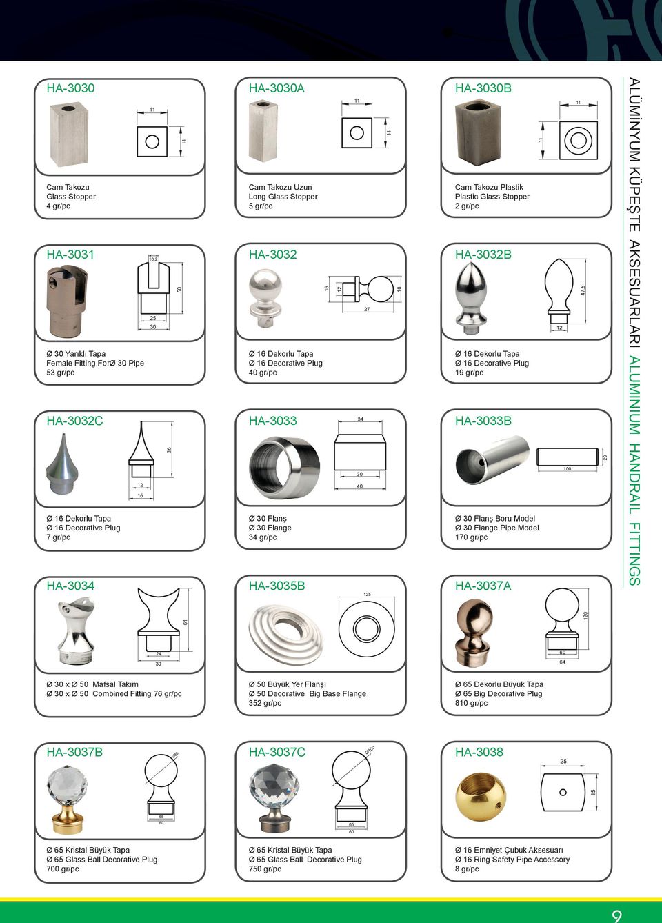 gr/pc -3035B 16 12 30 27 125 18 Ø 16 Dekorlu Tapa Ø 16 Decorative Plug 19 gr/pc -3037A 11 Ø 30 Flanş Boru Model Ø 30 Flange Pipe Model 170 gr/pc 12 100 11 47,5 29 ALÜMİNYUM KÜPEŞTE AKSESUARLARI