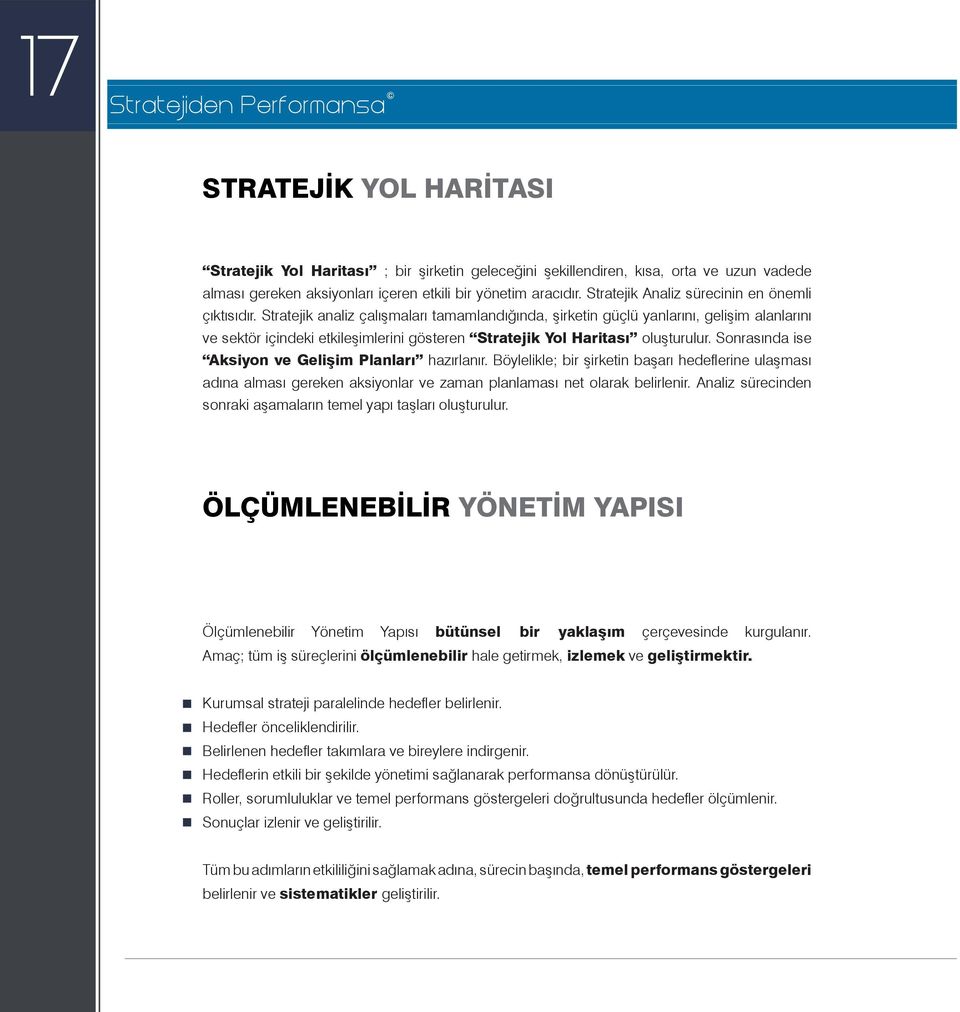 Stratejik analiz çalışmaları tamamlandığında, şirketin güçlü yanlarını, gelişim alanlarını ve sektör içindeki etkileşimlerini gösteren Stratejik Yol Haritası oluşturulur.