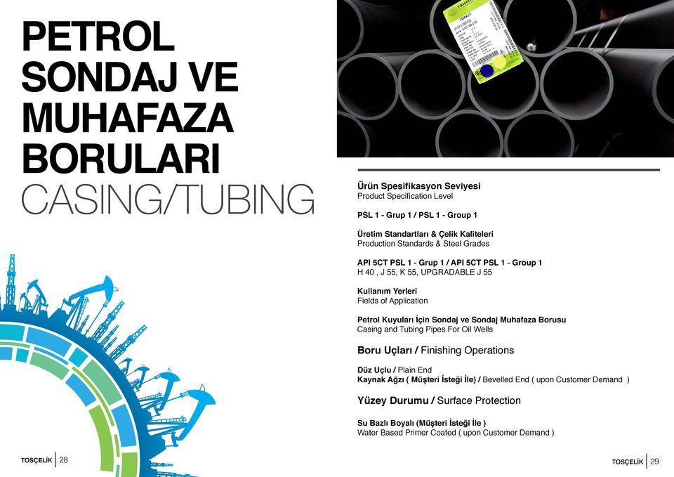 Kuyuları İçin Sondaj ve Sondaj Muhafaza Borusu Casing and Tubing Pipes For Oil Wells Boru Uçları / Finishing Operations Düz Uçlu / Plain End Kaynak Ağzı ( Müşteri İsteği İle)