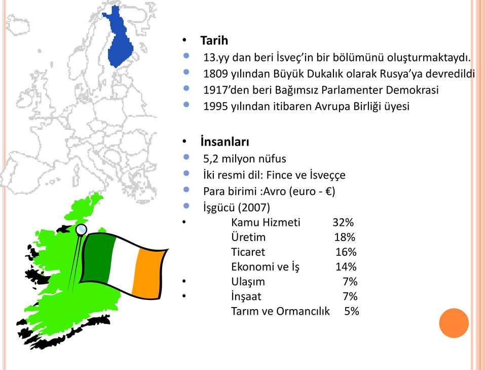 1995 yılından itibaren Avrupa Birliği üyesi İnsanları 5,2 milyon nüfus İki resmi dil: Fince ve