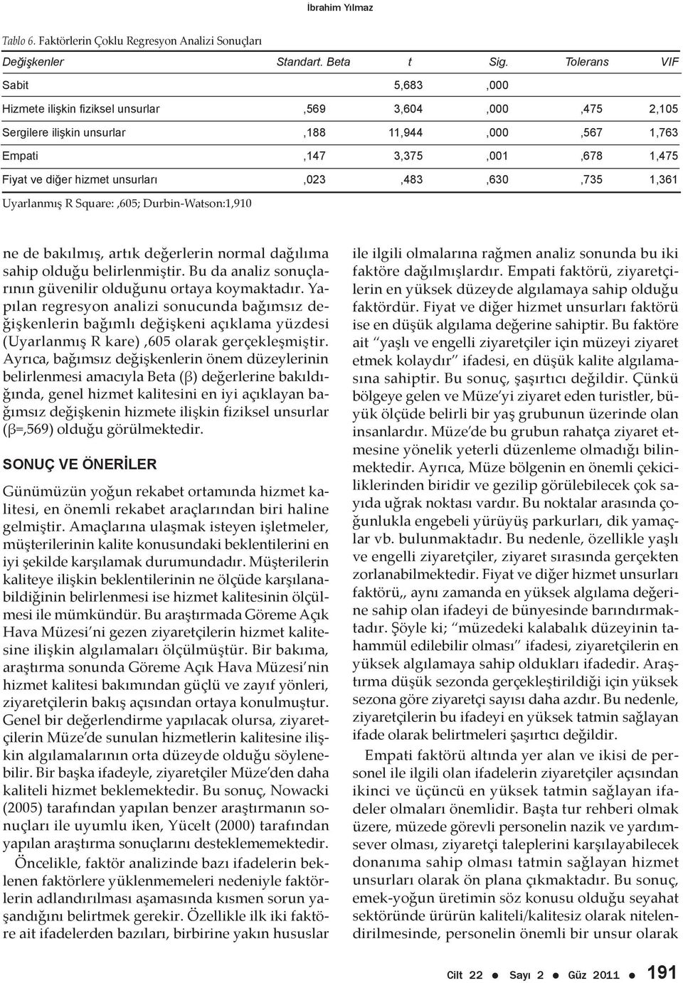 unsurları,023,483,630,735 1,361 Uyarlanmış R Square:,605; Durbin-Watson:1,910 ne de bakılmış, artık değerlerin normal dağılıma sahip olduğu belirlenmiştir.