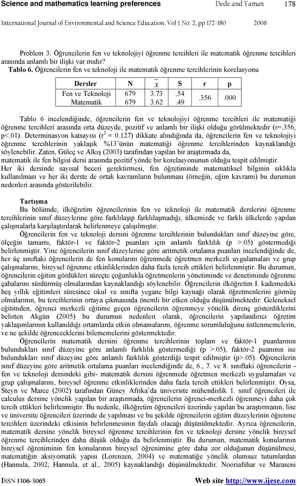 49 Tablo 6 incelendiğinde, öğrencilerin fen ve teknolojiyi öğrenme tercihleri ile matematiği öğrenme tercihleri arasında orta düzeyde, pozitif ve anlamlı bir ilişki olduğu görülmektedir (r=.356, p<.