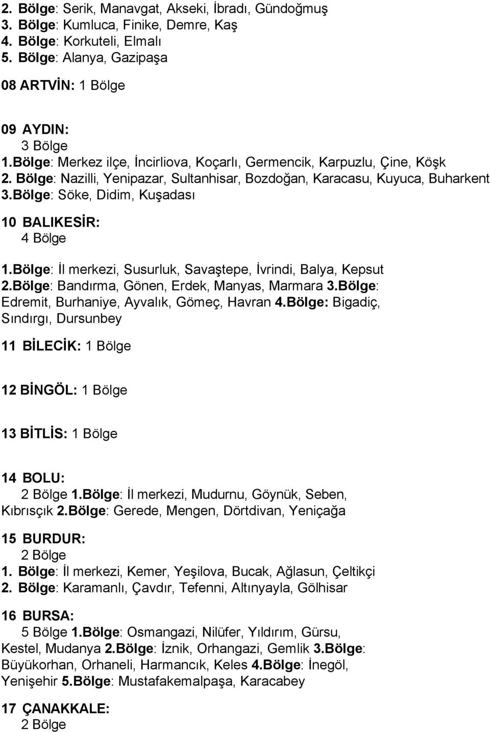 Bölge: Söke, Didim, Kuşadası 10 BALIKESİR: 4Bölge 1.Bölge: İl merkezi, Susurluk, Savaştepe, İvrindi, Balya, Kepsut 2.Bölge: Bandırma, Gönen, Erdek, Manyas, Marmara 3.