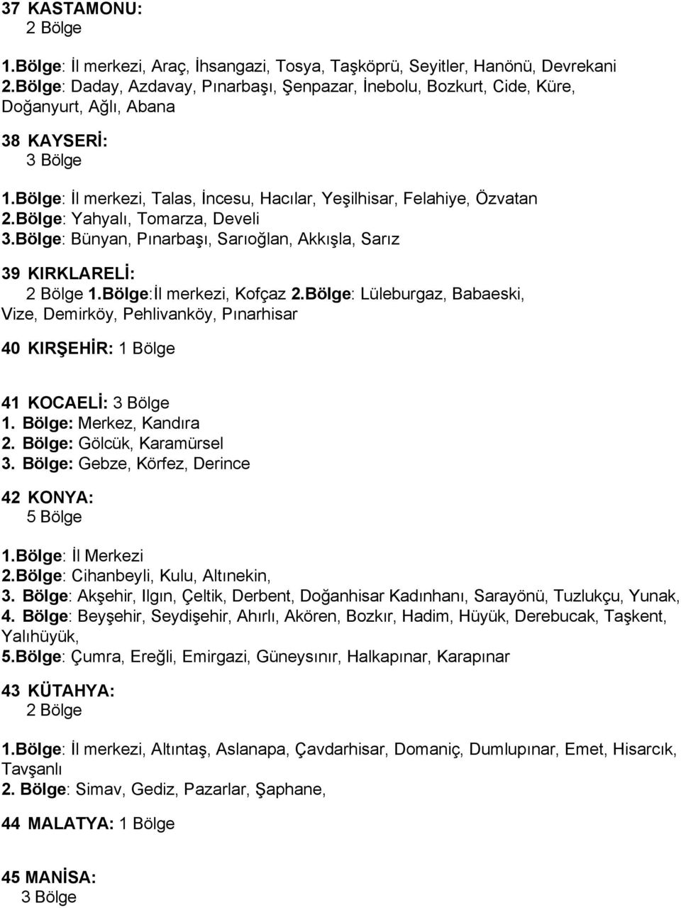 Bölge: Yahyalı, Tomarza, Develi 3.Bölge: Bünyan, Pınarbaşı, Sarıoğlan, Akkışla, Sarız 39 KIRKLARELİ: 1.Bölge:İl merkezi, Kofçaz 2.