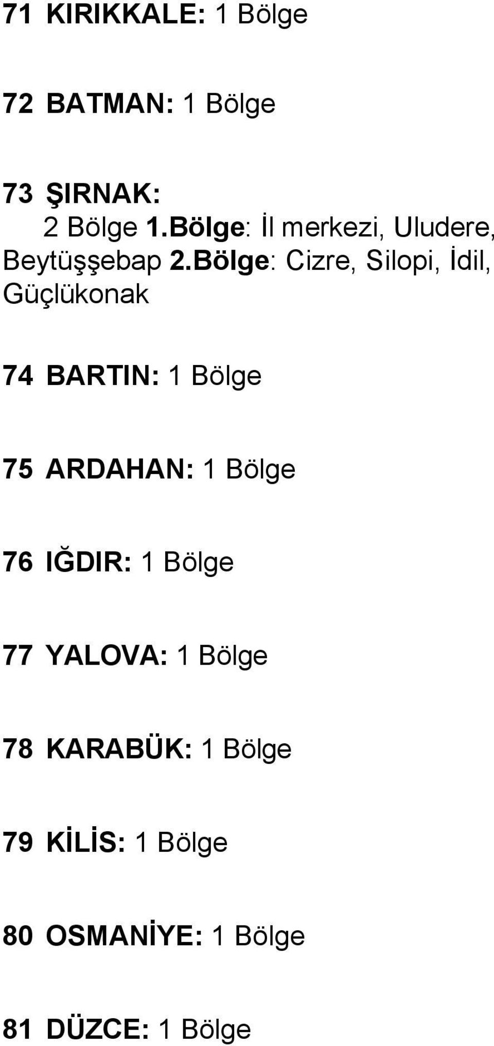 Bölge: Cizre, Silopi, İdil, Güçlükonak 74 BARTIN: 1 Bölge 75 ARDAHAN: 1