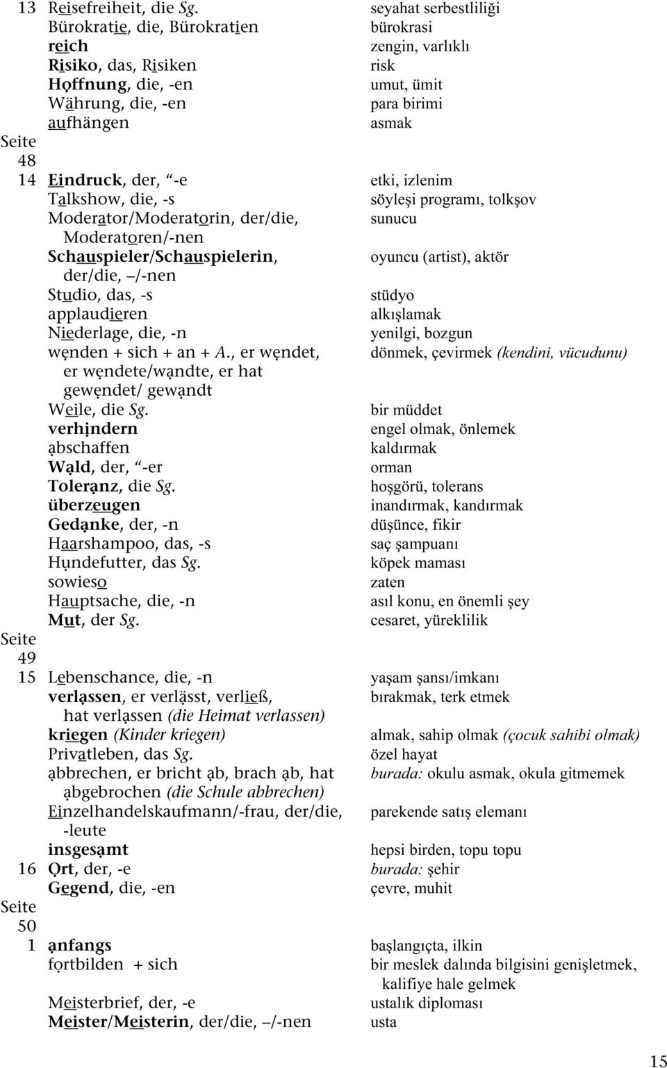 Eindruck, der, -e etki, izlenim Talkshow, die, -s söyleşi programı, tolkşov Moderator/Moderatorin, der/die, sunucu Moderatoren/-nen Schauspieler/Schauspielerin, oyuncu (artist), aktör der/die, /-nen