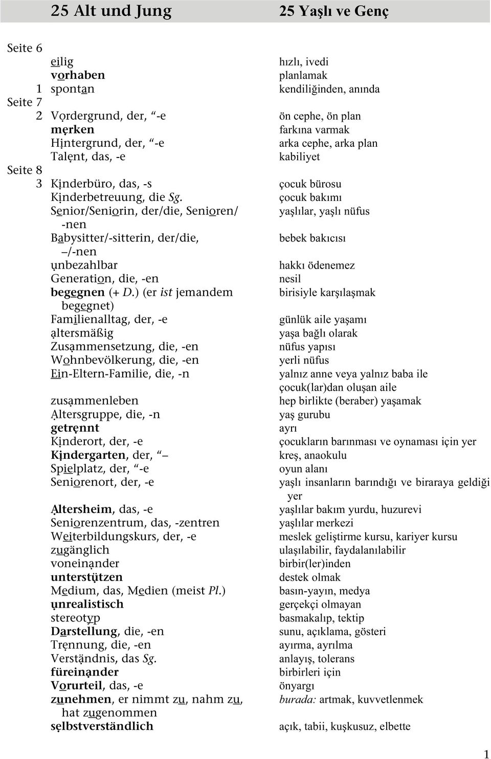 çocuk bakımı Senior/Seniorin, der/die, Senioren/ yaşlılar, yaşlı nüfus -nen Babysitter/-sitterin, der/die, bebek bakıcısı /-nen ụnbezahlbar hakkı ödenemez Generation, die, -en nesil begegnen (+ D.