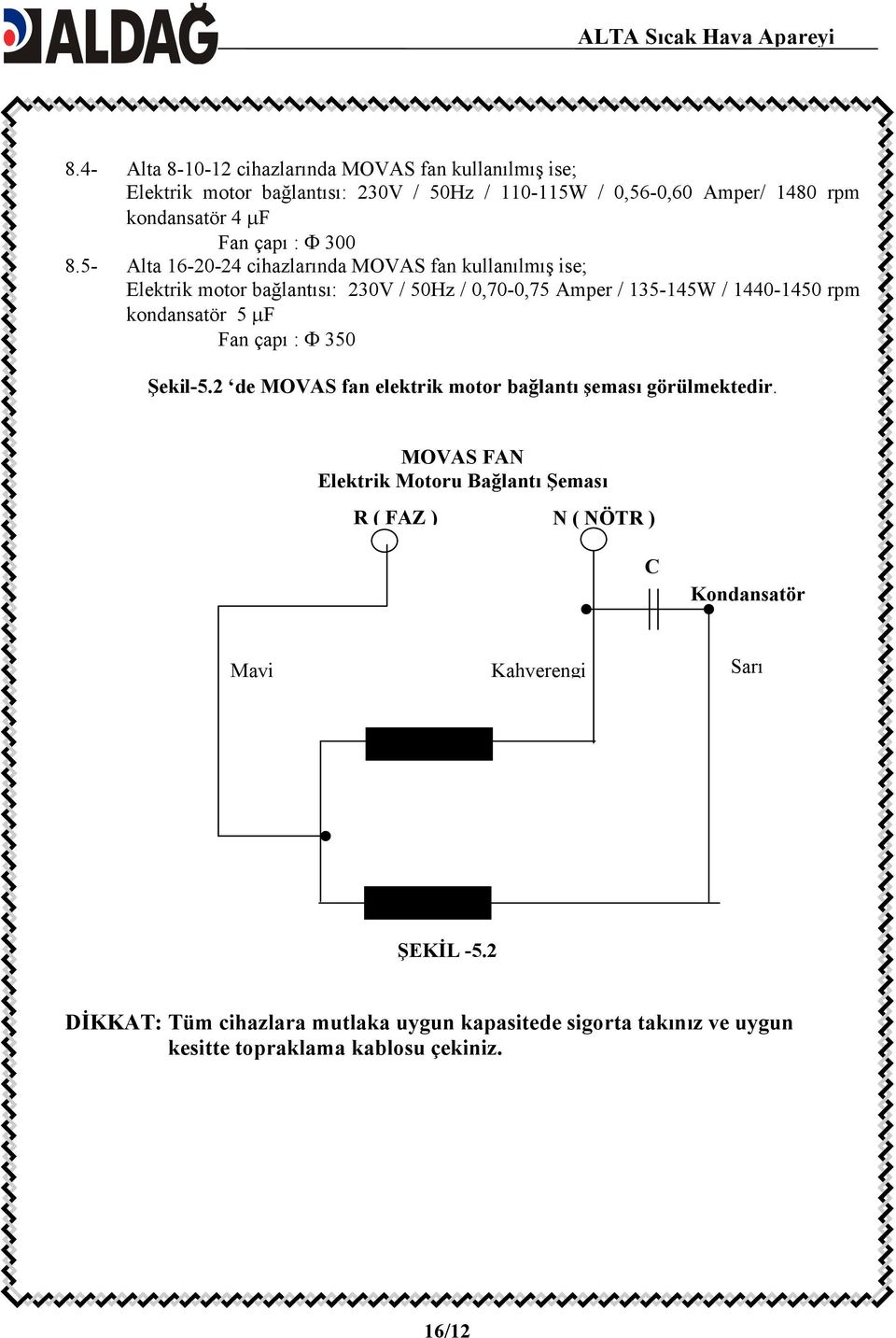 5- Alta 16-20-24 cihazlarında MOVAS fan kullanılmış ise; Elektrik motor bağlantısı: 230V / 50Hz / 0,70-0,75 Amper / 135-145W / 1440-1450 rpm kondansatör 5 μf