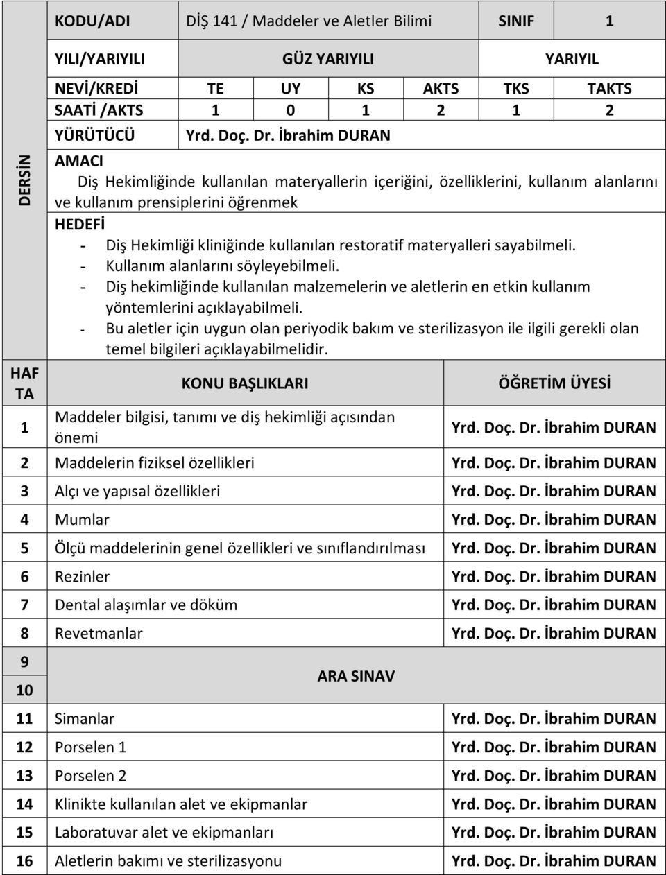 sayabilmeli. - Kullanım alanlarını söyleyebilmeli. - Diş hekimliğinde kullanılan malzemelerin ve aletlerin en etkin kullanım yöntemlerini açıklayabilmeli.