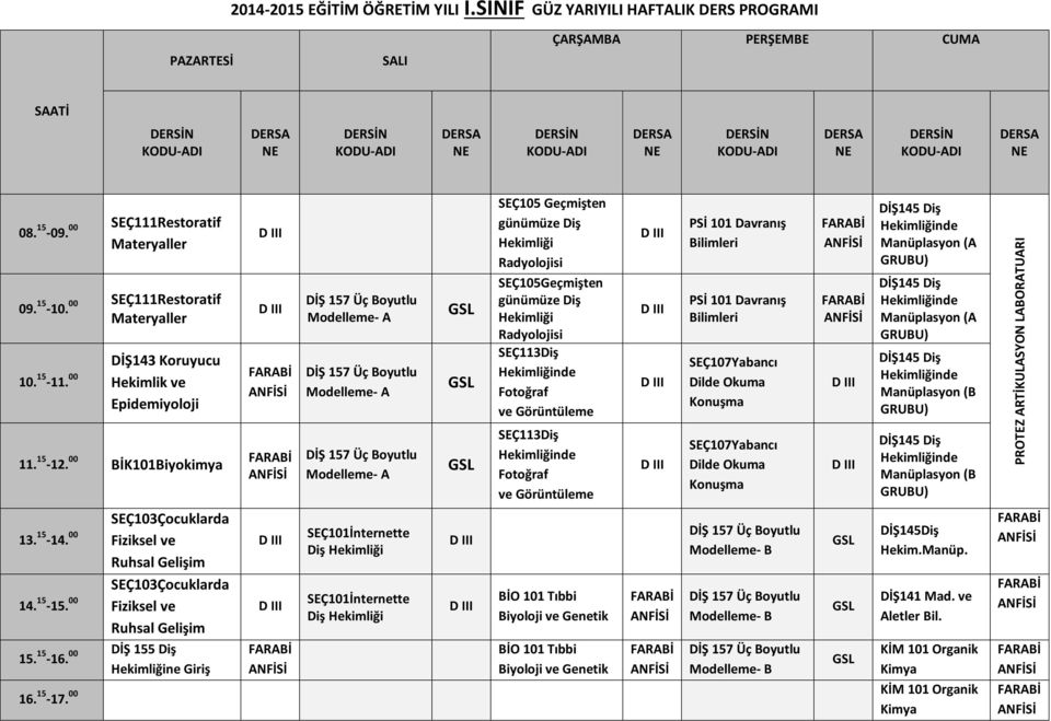 00 SEÇ111Restoratif Materyaller 0. 15 -. 00 SEÇ111Restoratif Materyaller. 15-11. 00 DİŞ143 Koruyucu Hekimlik ve Epidemiyoloji 11. 15-12. 00 BİK1Biyokimya SEÇ3Çocuklarda 13. 15-14.
