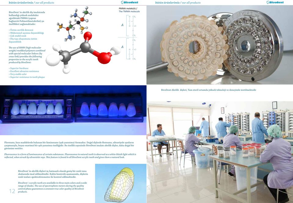 with special molecular linkers (by cross-link) provides the following properties to the acrylic teeth produced by BivoDent: PMMA molekülü / The TMMA molecule A A H C = C H H CH₃ C=O O CH₂ CH₂ O C = C