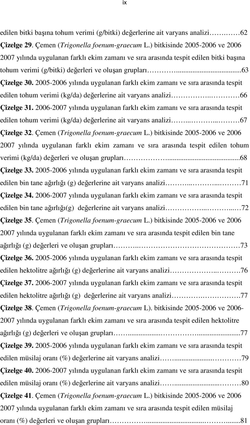 2005-2006 yılında uygulanan farklı ekim zamanı ve sıra arasında tespit edilen tohum verimi (kg/da) değerlerine ait varyans analizi.. 66 Çizelge 31.