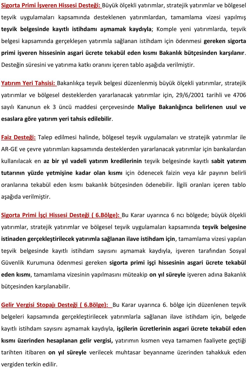 tekabül eden kısmı Bakanlık bütçesinden karşılanır. Desteğin süresini ve yatırıma katkı oranını içeren tablo aşağıda verilmiştir.