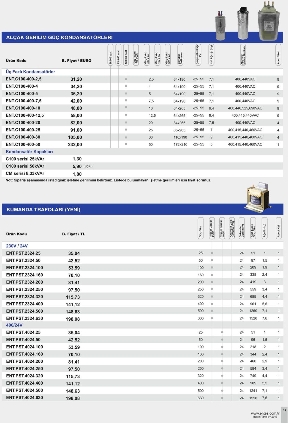 000 saat 3, 3, B. Fiyat / EURO.000 saat ENT.C0-00-, ENT.C0-00- 0.000 saat Çalışma Sıcaklığı (0C) Alternatif İşletme Gerilimleri ALÇAK GERİLİM GÜÇ KONDANSATÖRLERİ Üç Fazlı Kondansatörler ENT.