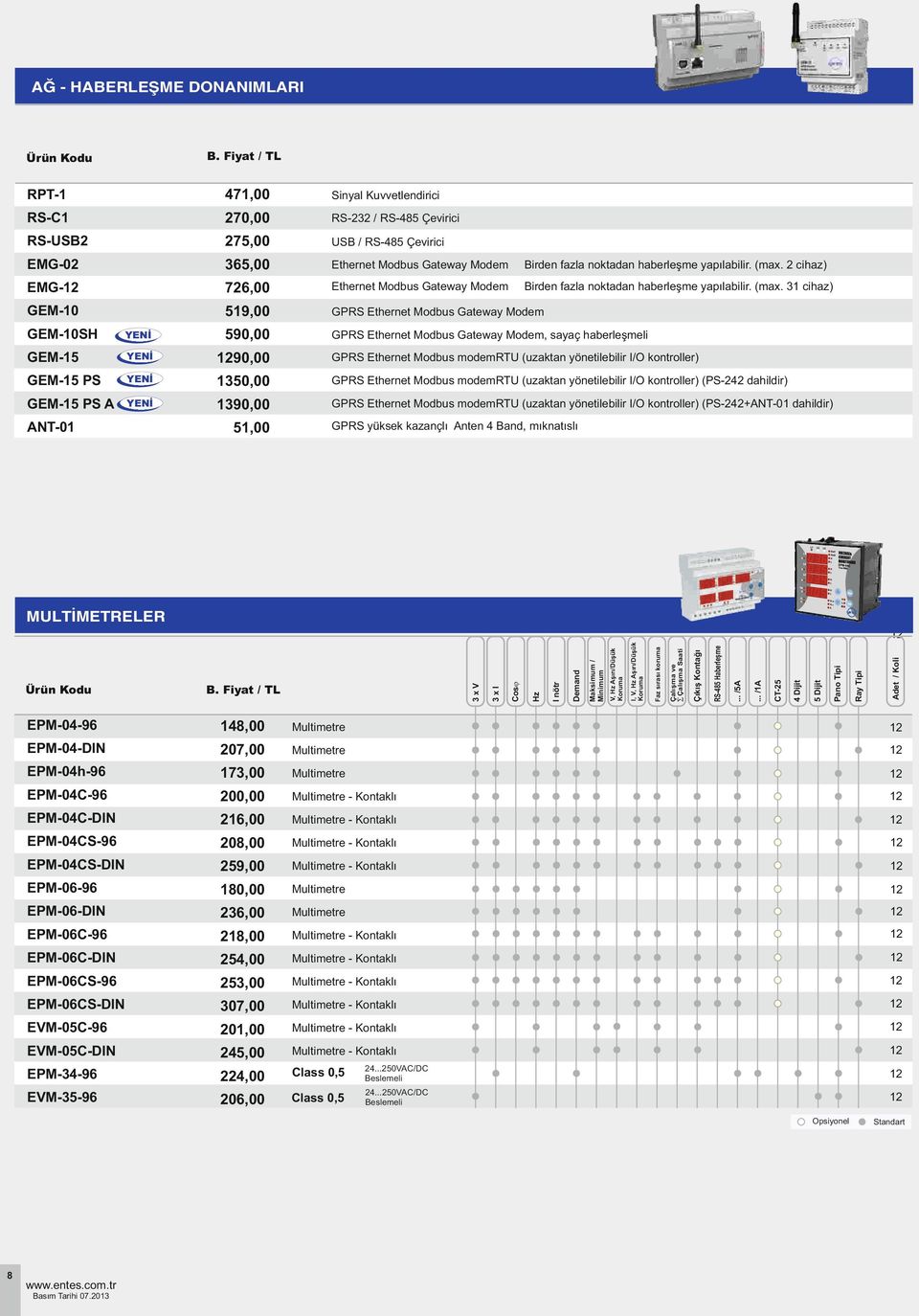 cihaz) EMG- 7,00 Ethernet Modbus Gateway Modem Birden fazla noktadan haberleşme  3 cihaz) 9,00 GPRS Ethernet Modbus Gateway Modem GEM-SH 90,00 GPRS Ethernet Modbus Gateway Modem, sayaç haberleşmeli