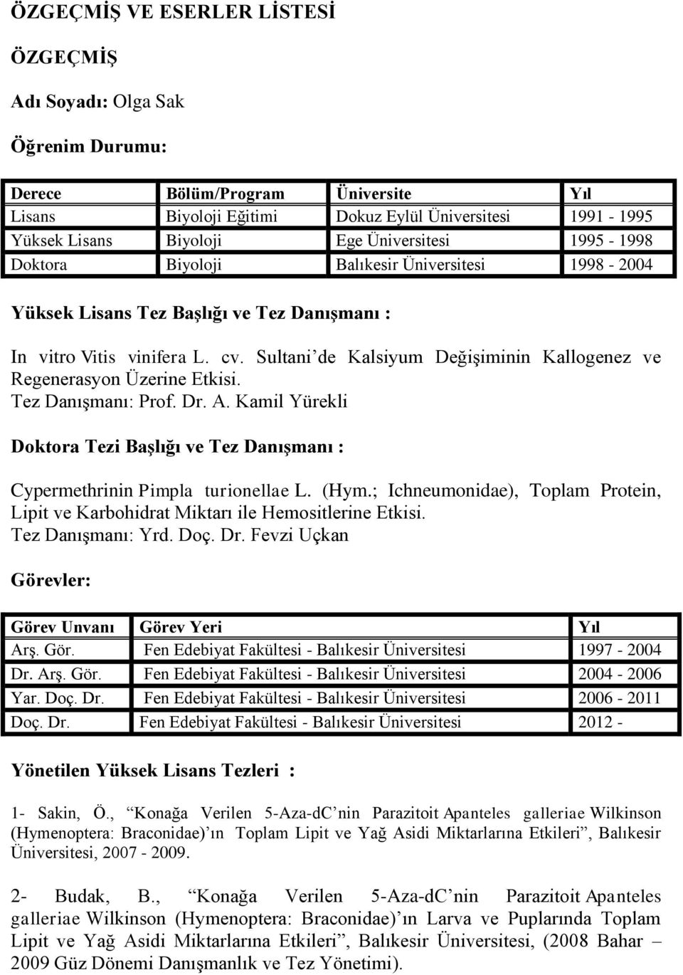 Sultani de Kalsiyum Değişiminin Kallogenez ve Regenerasyon Üzerine Etkisi. Tez Danışmanı: Prof. Dr. A. Kamil Yürekli Doktora Tezi Başlığı ve Tez Danışmanı : Cypermethrinin Pimpla turionellae L. (Hym.