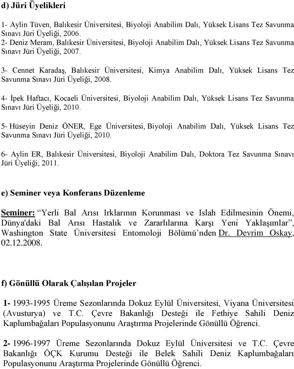 3- Cennet Karadaş, Balıkesir Üniversitesi, Kimya Anabilim Dalı, Yüksek Lisans Tez Savunma Sınavı Jüri Üyeliği, 2008.