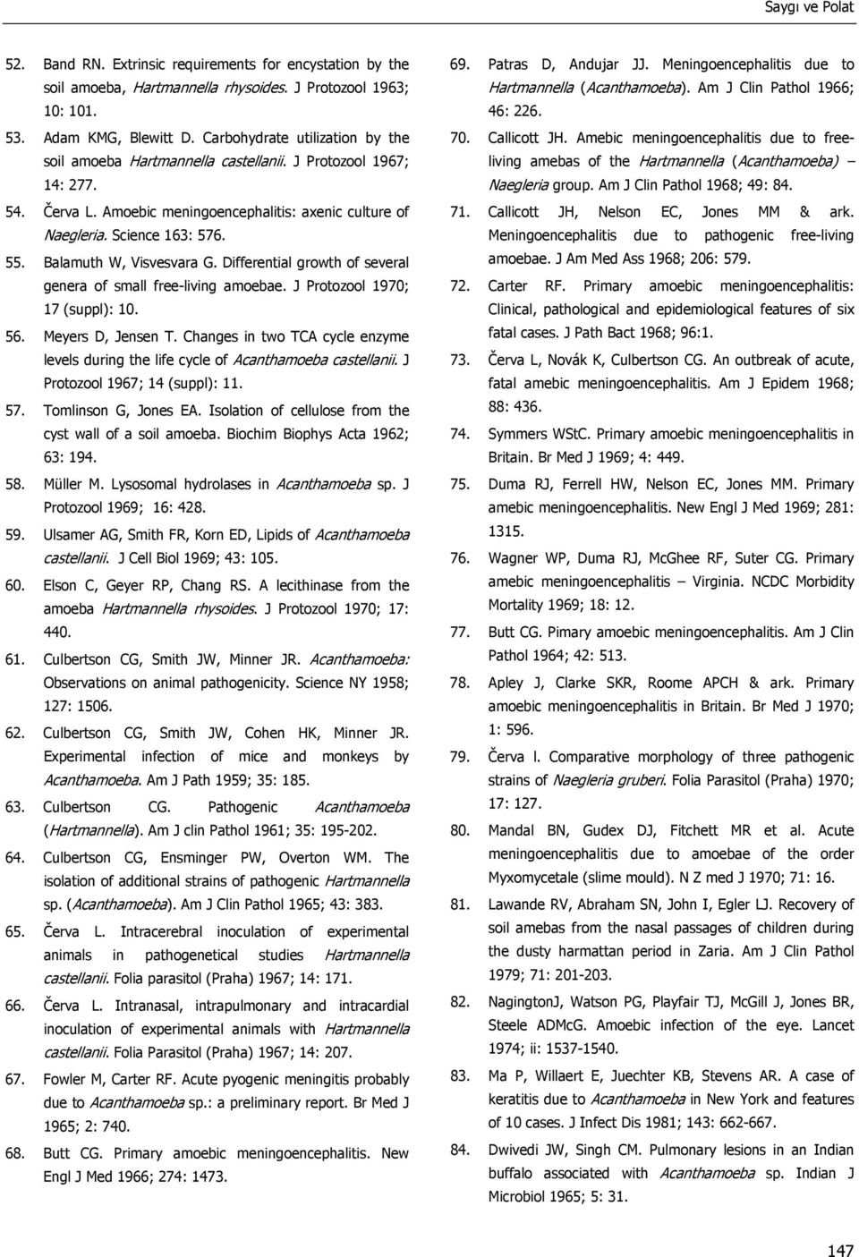 Balamuth W, Visvesvara G. Differential growth of several genera of small free-living amoebae. J Protozool 1970; 17 (suppl): 10. 56. Meyers D, Jensen T.