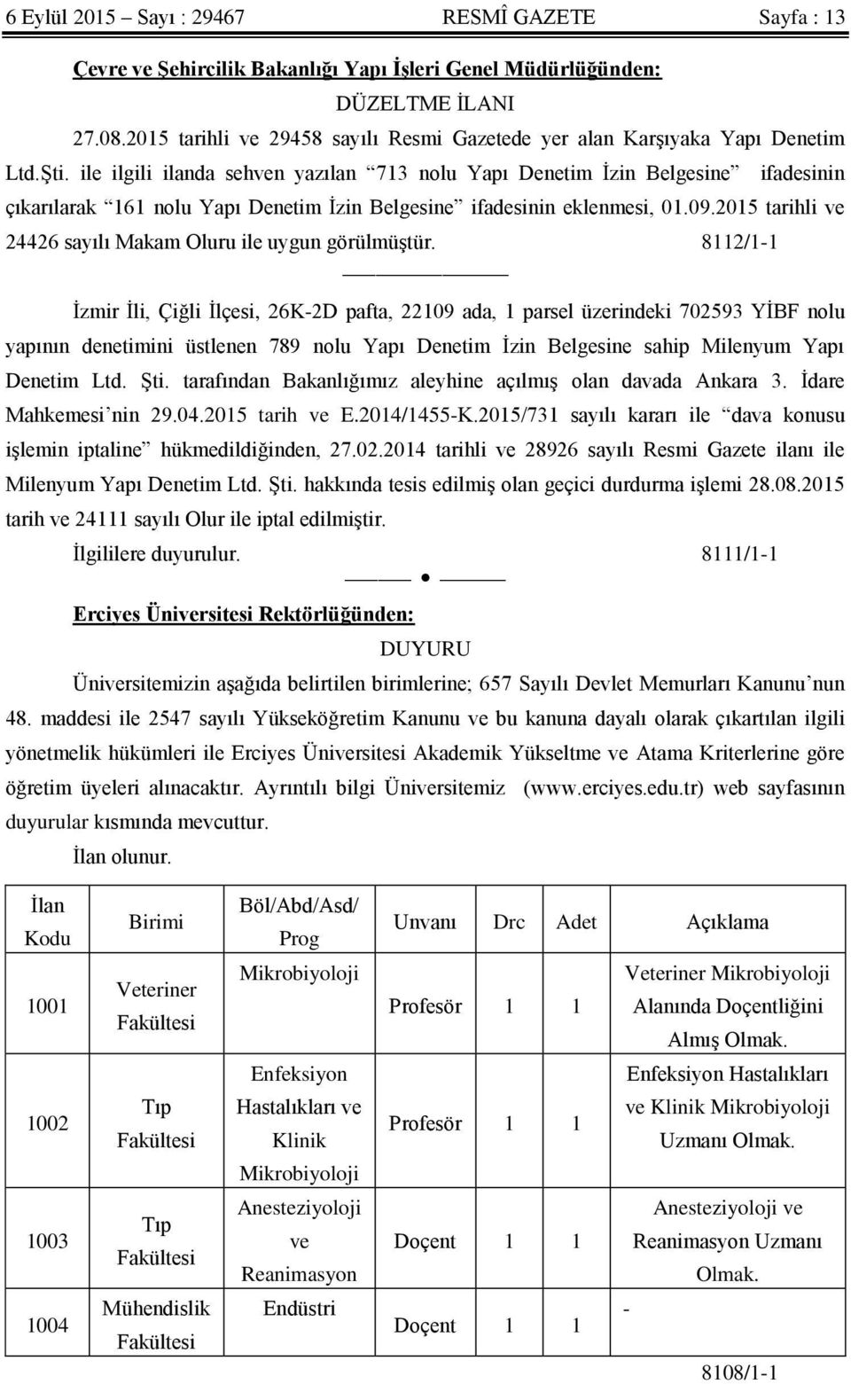 ile ilgili ilanda sehven yazılan 713 nolu Yapı Denetim Ġzin Belgesine ifadesinin çıkarılarak 161 nolu Yapı Denetim Ġzin Belgesine ifadesinin eklenmesi, 01.09.