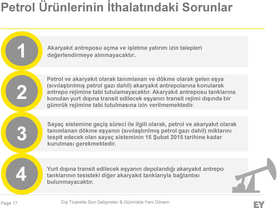 Akaryakıt antreposu tanklarına konulan yurt dışına transit edilecek eşyanın transit rejimi dışında bir gümrük rejimine tabi tutulmasına izin verilmemektedir.