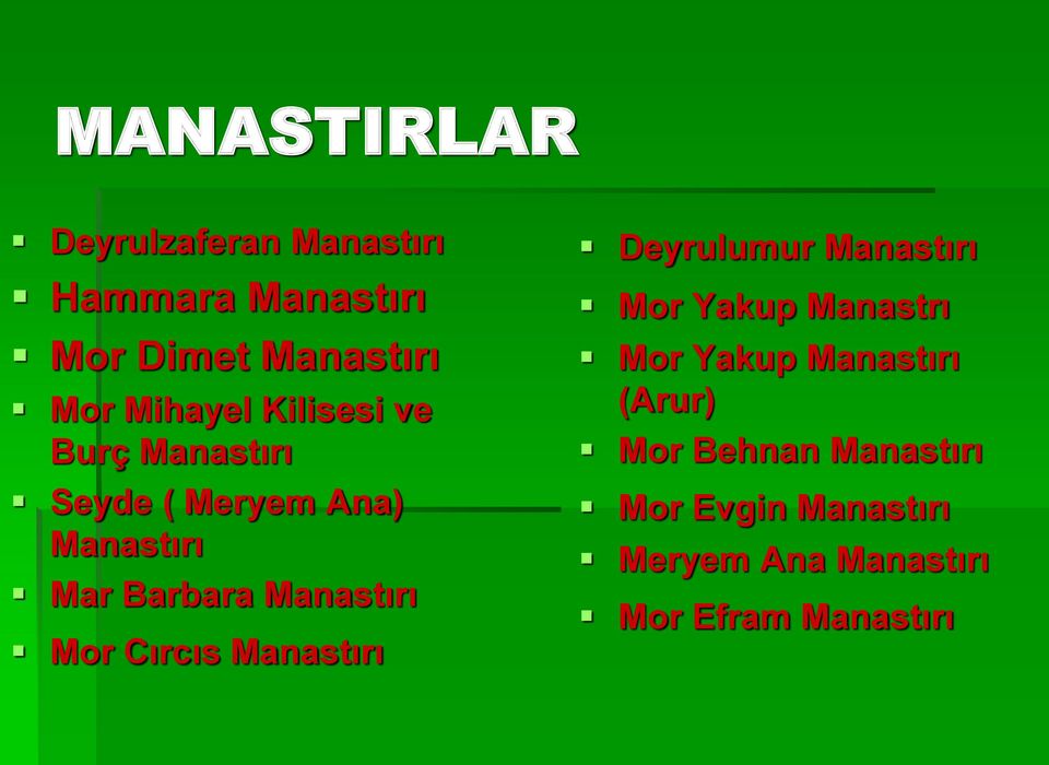 Manastırı Mor Cırcıs Manastırı Deyrulumur Manastırı Mor Yakup Manastrı Mor Yakup