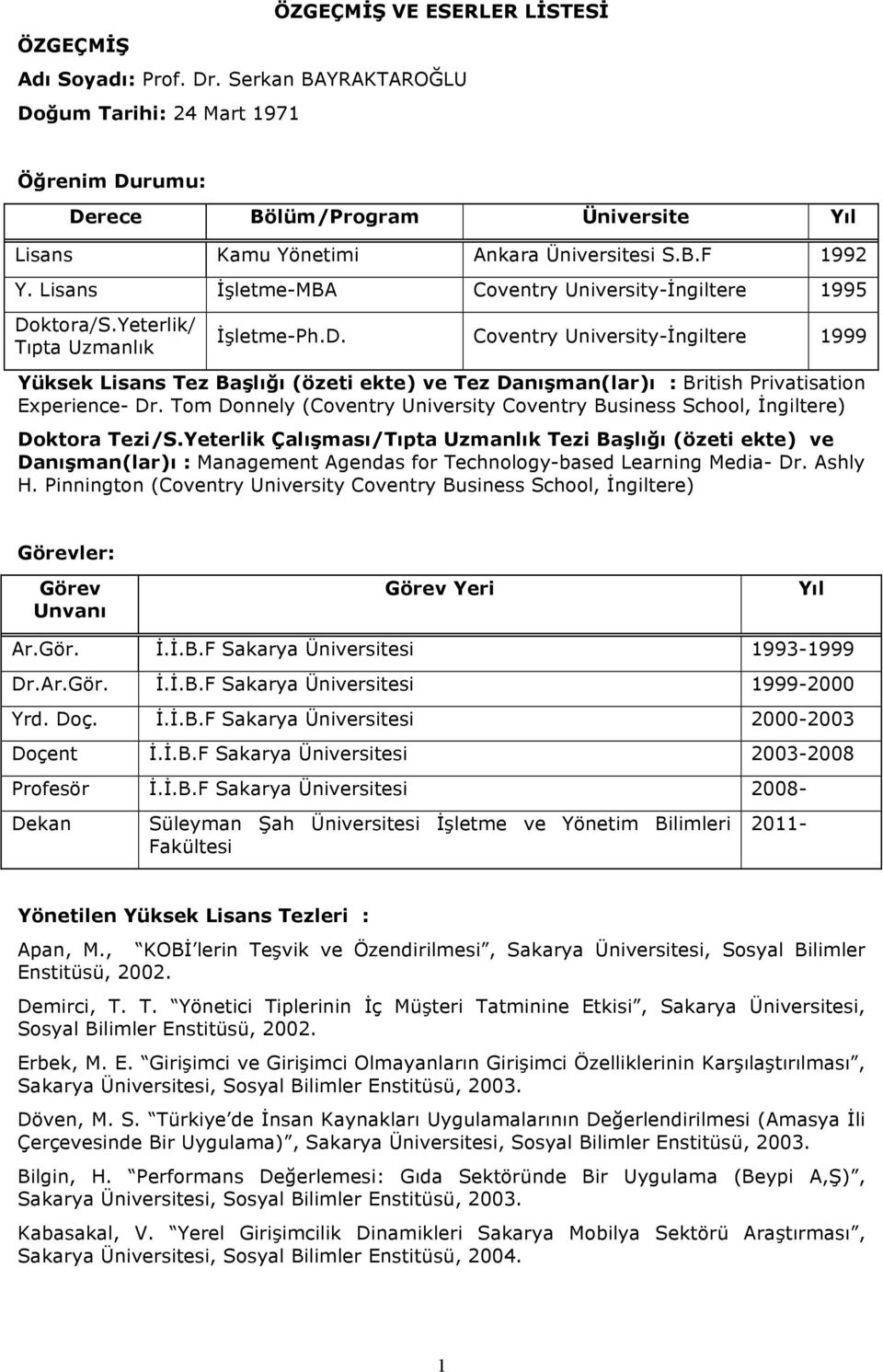 Lisans İşletme-MBA Coventry University-İngiltere 1995 Doktora/S.Yeterlik/ Tıpta Uzmanlık İşletme-Ph.D. Coventry University-İngiltere 1999 Yüksek Lisans Tez Başlığı (özeti ekte) ve Tez Danışman(lar)ı : British Privatisation Experience- Dr.