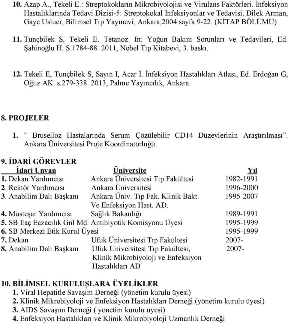 2011, Nobel Tıp Kitabevi, 3. baskı. 12. Tekeli E, Tunçbilek S, Sayın I, Acar İ. İnfeksiyon Hastalıkları Atlası, Ed. Erdoğan G, Oğuz AK. s.279-338. 2013, Palme Yayıncılık, Ankara. 8. PROJELER 1.