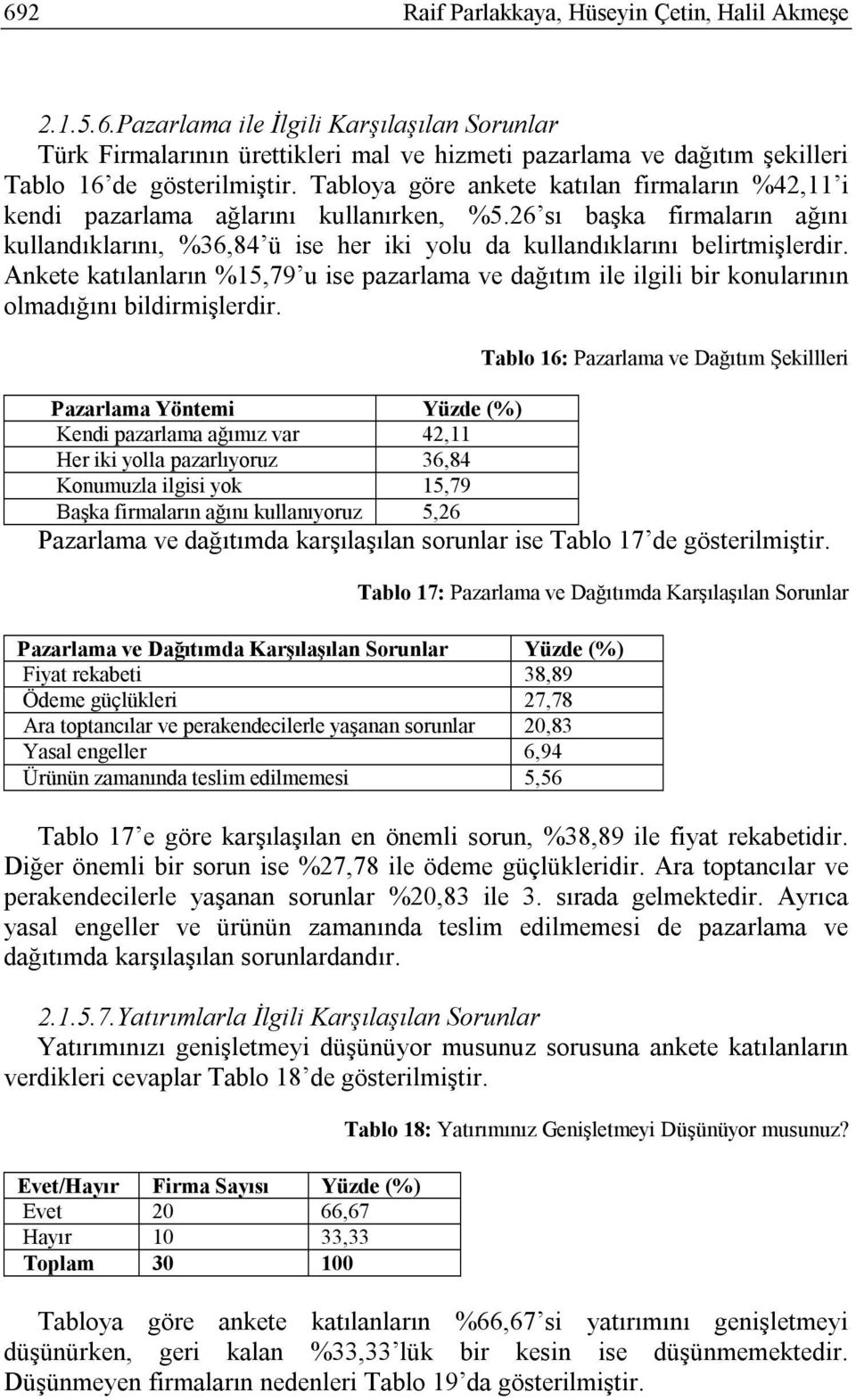 Ankete katılanların %15,79 u ise pazarlama ve dağıtım ile ilgili bir konularının olmadığını bildirmişlerdir.