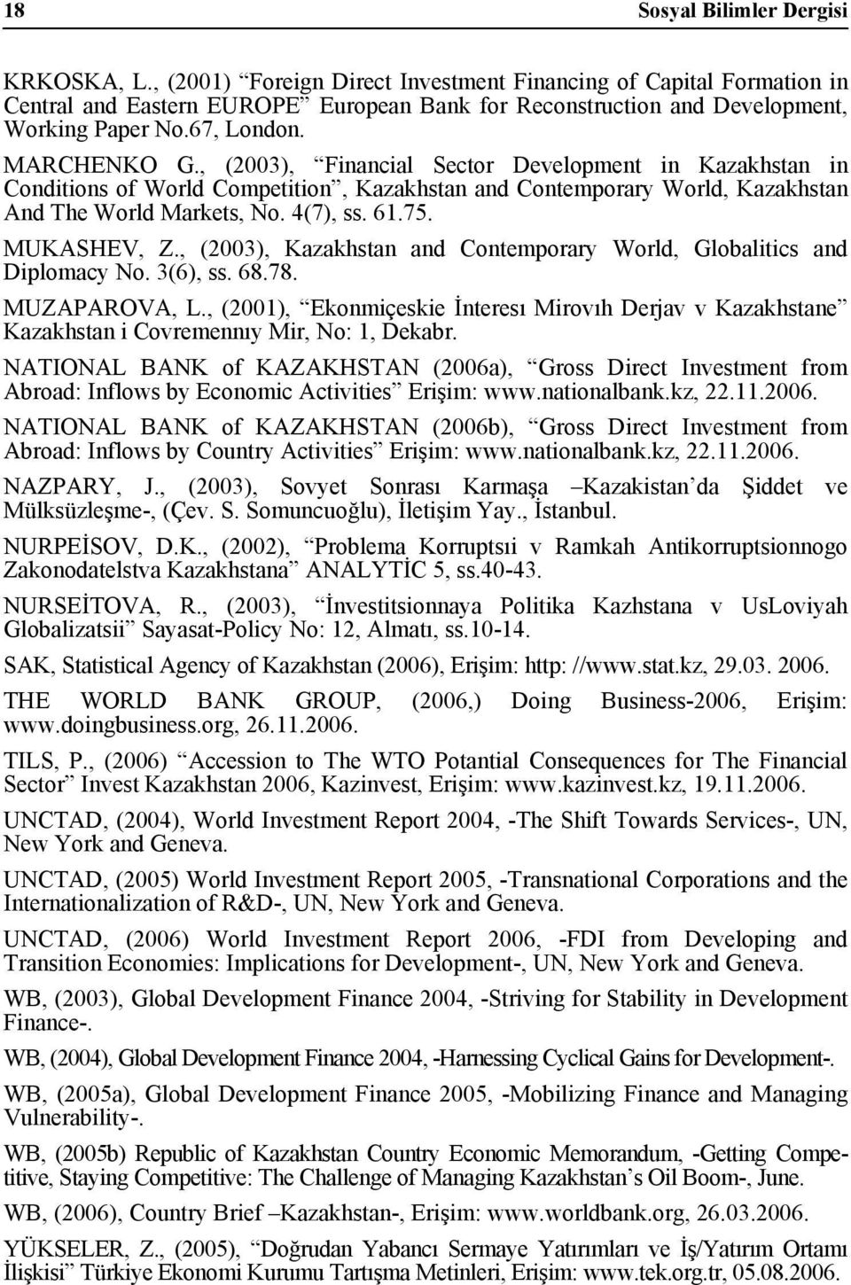 , (2003), Financial Sector Development in Kazakhstan in Conditions of World Competition, Kazakhstan and Contemporary World, Kazakhstan And The World Markets, No. 4(7), ss. 61.75. MUKASHEV, Z.