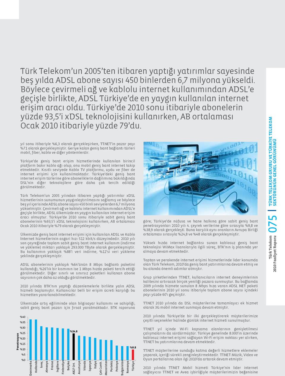 Türkiye de 2010 sonu itibariyle abonelerin yüzde 93,5 i xdsl teknolojisini kullanırken, AB ortalaması Ocak 2010 itibariyle yüzde 79 du.