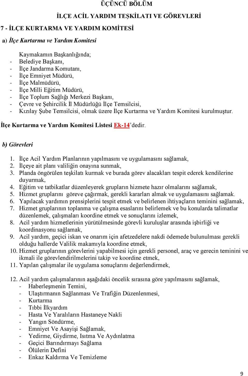 İlçe Kurtarma ve Yardım Komitesi kurulmuştur. İlçe Kurtarma ve Yardım Komitesi Listesi Ek-14 dedir. b) Görevleri 1. İlçe Acil Yardım Planlarının yapılmasını ve uygulamasını sağlamak, 2.