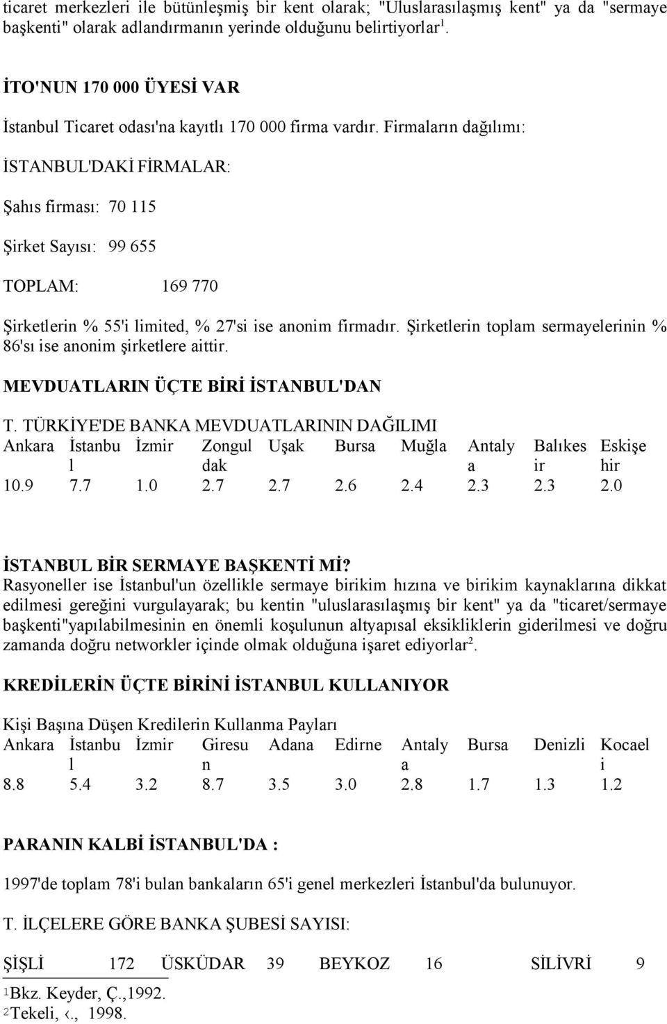 Firmaların dağılımı: İSTANBUL'DAKİ FİRMALAR: Şahıs firması: 70 115 Şirket Sayısı: 99 655 TOPLAM: 169 770 Şirketlerin % 55'i limited, % 27'si ise anonim firmadır.