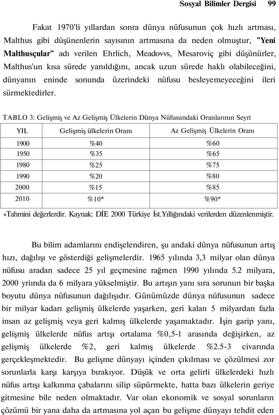 TABLO 3: Gelişmiş ve Az Gelişmiş Ülkelerin Dünya Nüfusundaki Oranlarının Seyri YIL 1900 1950 1980 1990 2000 2010 Gelişmiş ülkelerin Oranı %40 %35 %25 %20 %15 %10* Az Gelişmiş Ülkelerin Oranı %60 %65